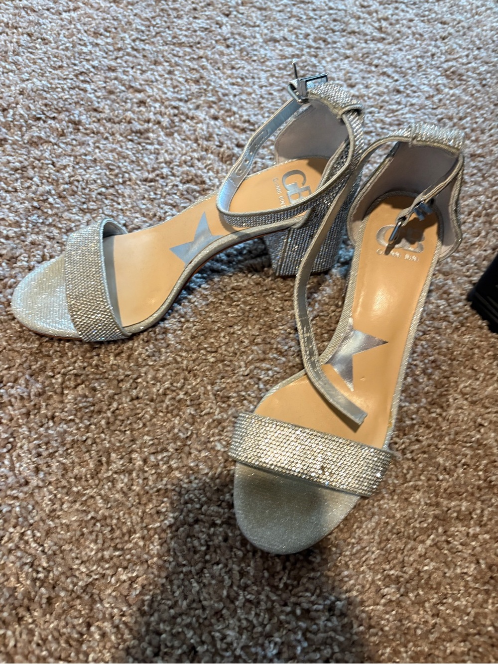 Annie Silver Rhinestone Block Heel Sandals